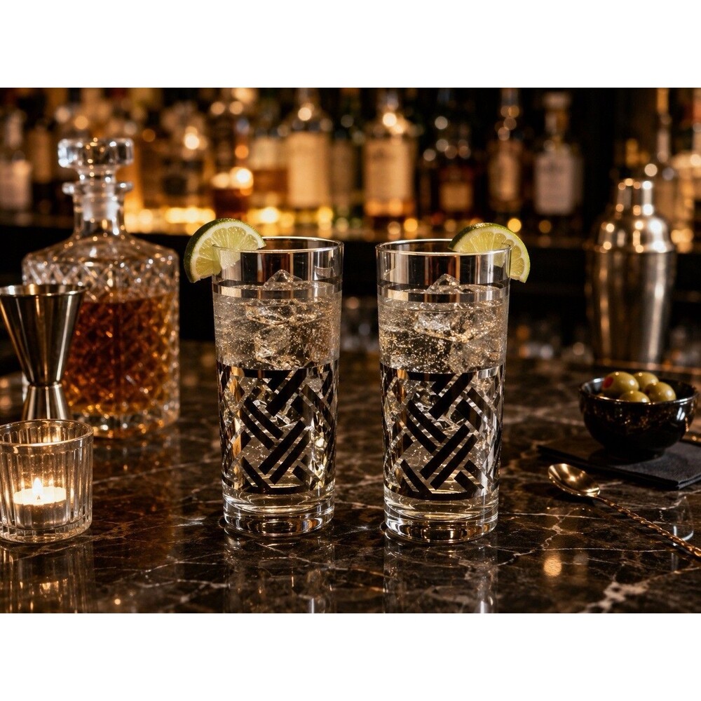 Vintage Geometric Highball Glasses Set of 2 Black Silver Whiskey Cocktail